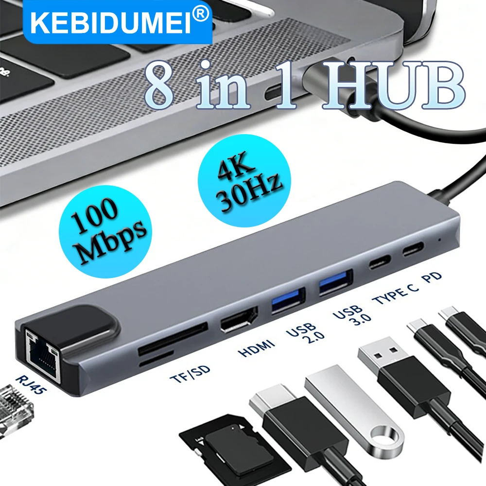 USB C HUB 8 In 1 PD 100W Type C Docking Station 100Mbps Multiport Output Splitter 4K 30Hz VGA RJ45 HUB for Macbook Pro Computer