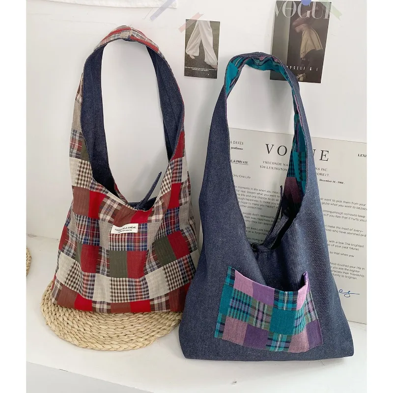 

Youda New Denim Fabric Shoulder Bag For Women Plaid Pattern Reversible Bucket Crossbody Large Casual Capacity Shopper Tote Bags