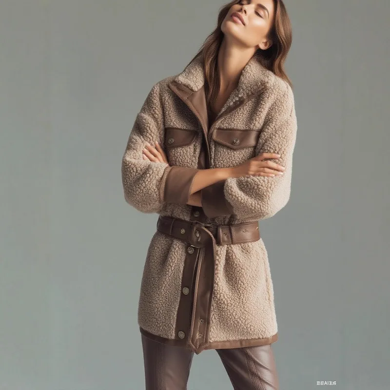 เสื้อโค้ทขนเฟอร์เทียมแบบมีปกกลาง ติดเข็มขัด ทรงเข้ารูป สีน้ำตาล ขนนุ่ม แบบกระดุมแถวเดียว แจ็คเก็ตขนแกะเทียม ฟู อุ่น หนา สไตล์วินเทจ