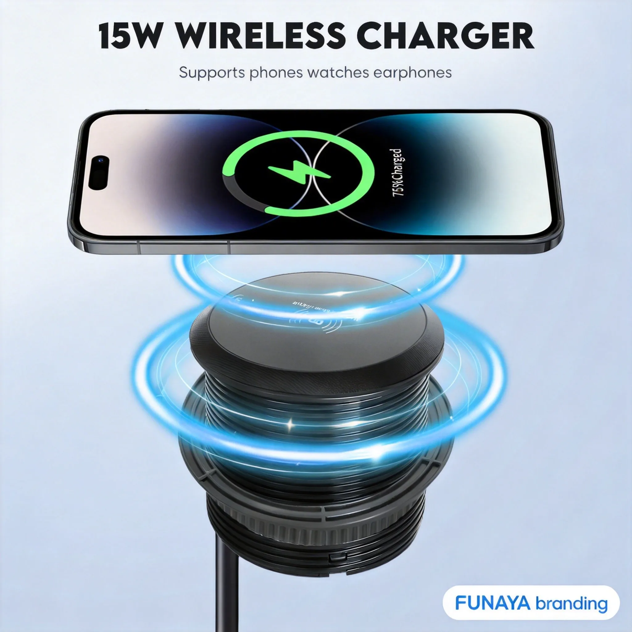FUNAYAWireless Charging Circular Outlet  EU US UK AU with USB A C PD Embedded Hidden Desktop AC110~250 Built in Extension Socket