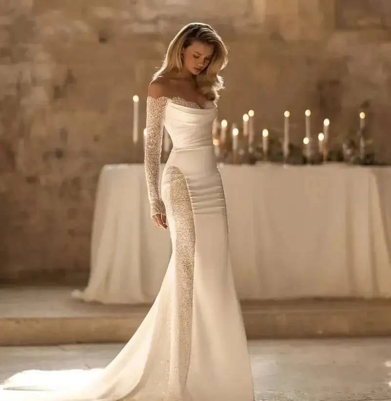 

Lace Mermaid Wedding Dress Long Sleeves Off The Shoulder Sequins Backless Sparkle Bride Gowns Vestidos De Noiva Customized