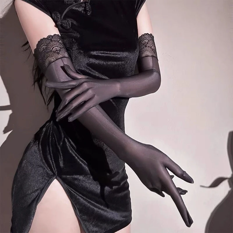 Sexy Long Stretchy Thin Sheer Gloves Shiny See-Through Smooth Gloves Evening Dress Party Cosplay Accessories