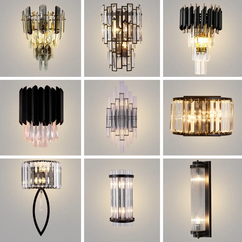 

Modern Crystal Wall Light LED Black Vanity Lamp Indoor Creative Stair Light For Living Room Dining Hall Bedroom Restroom