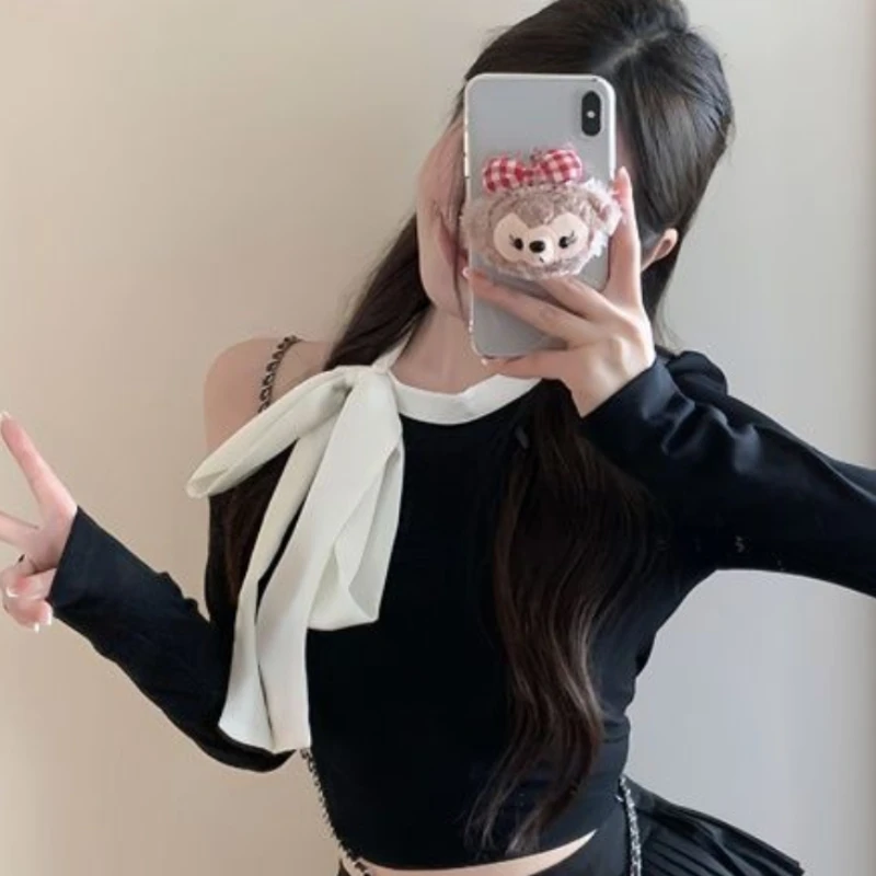 Korean Style T-shirts Women Off Shoulder Niche Bow O-neck Panelled Design Fashion Female Clothing Spring Long Sleeve Comfortable