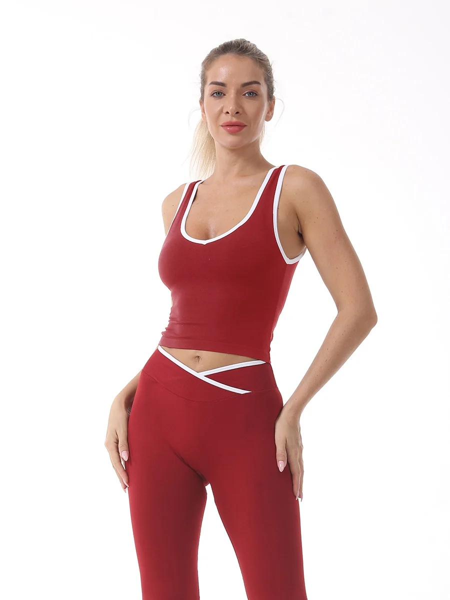 Gilet yoga a vita incrociata color block, top sportivo da donna con protezioni per il petto