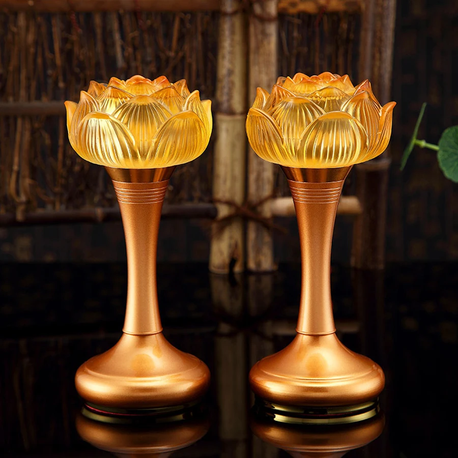 A PAIR Buddhism HOME SHOP Company Temple shrine enshrine worship buddha Talisman  Bless safety health lotus flower LED lamp