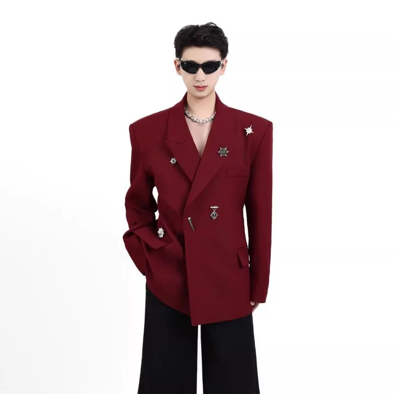 Men Trendy Oversized Blazer Metal Brooch Decor Lapel Irregular Design Business Party Suit Jacket