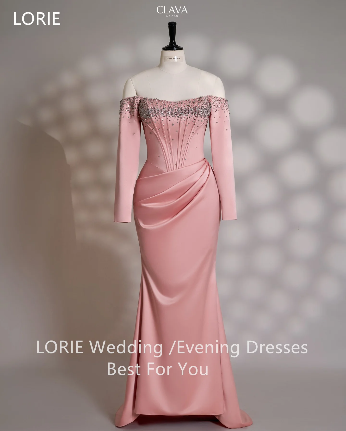 فساتين LORIE أنيقة للحفلات من الساتان الوردي مطرزة بأكمام طويلة فستان حفلة موسيقية مسائية ثنيات حورية البحر فستان حفلات مخصص