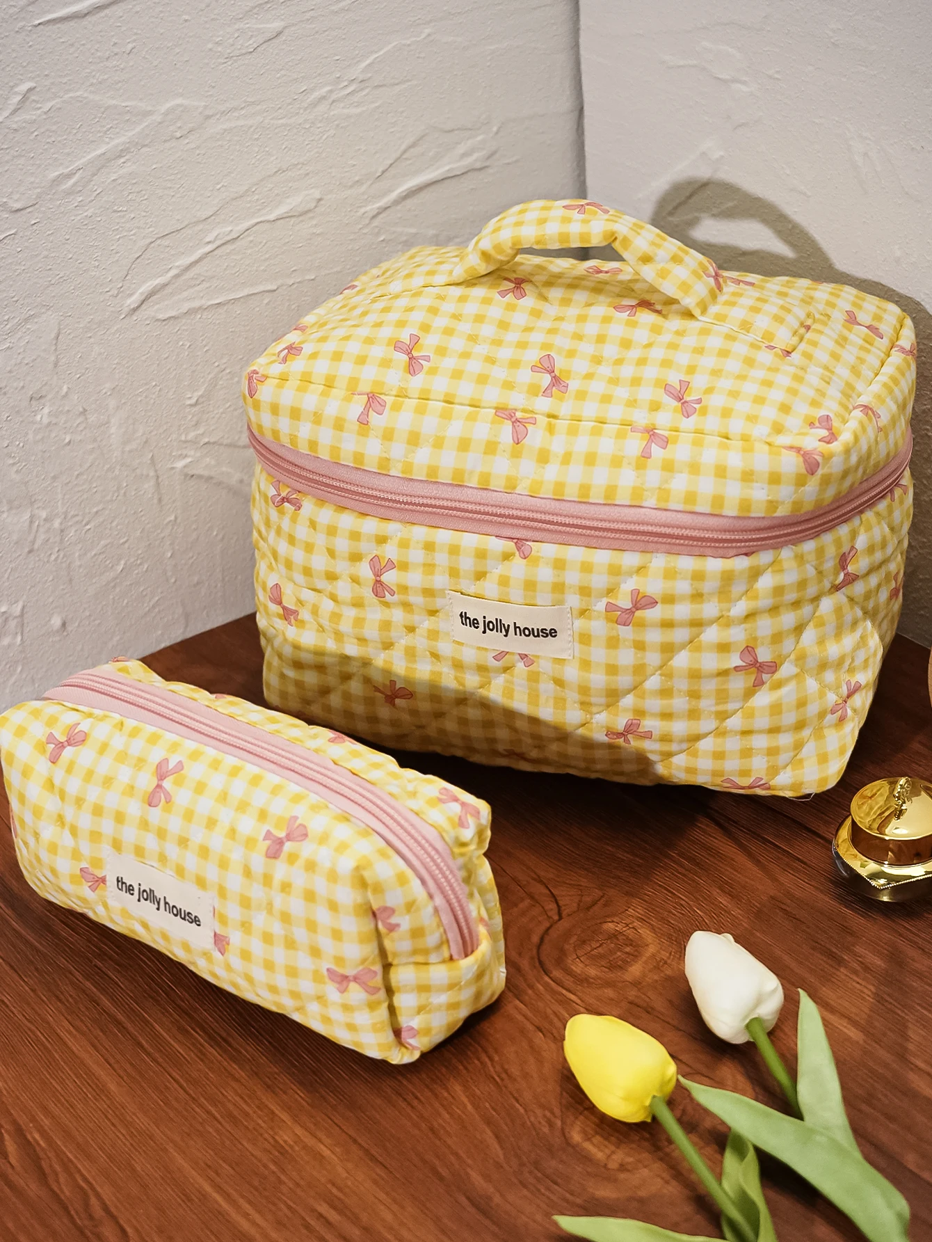 1pc/set Yellow Plaid Quilted Makeup Bag, Cute Bowknot Makeup Bag, Portable Toiletry Bag Set with Zipper,  Handheld Makeup Bag
