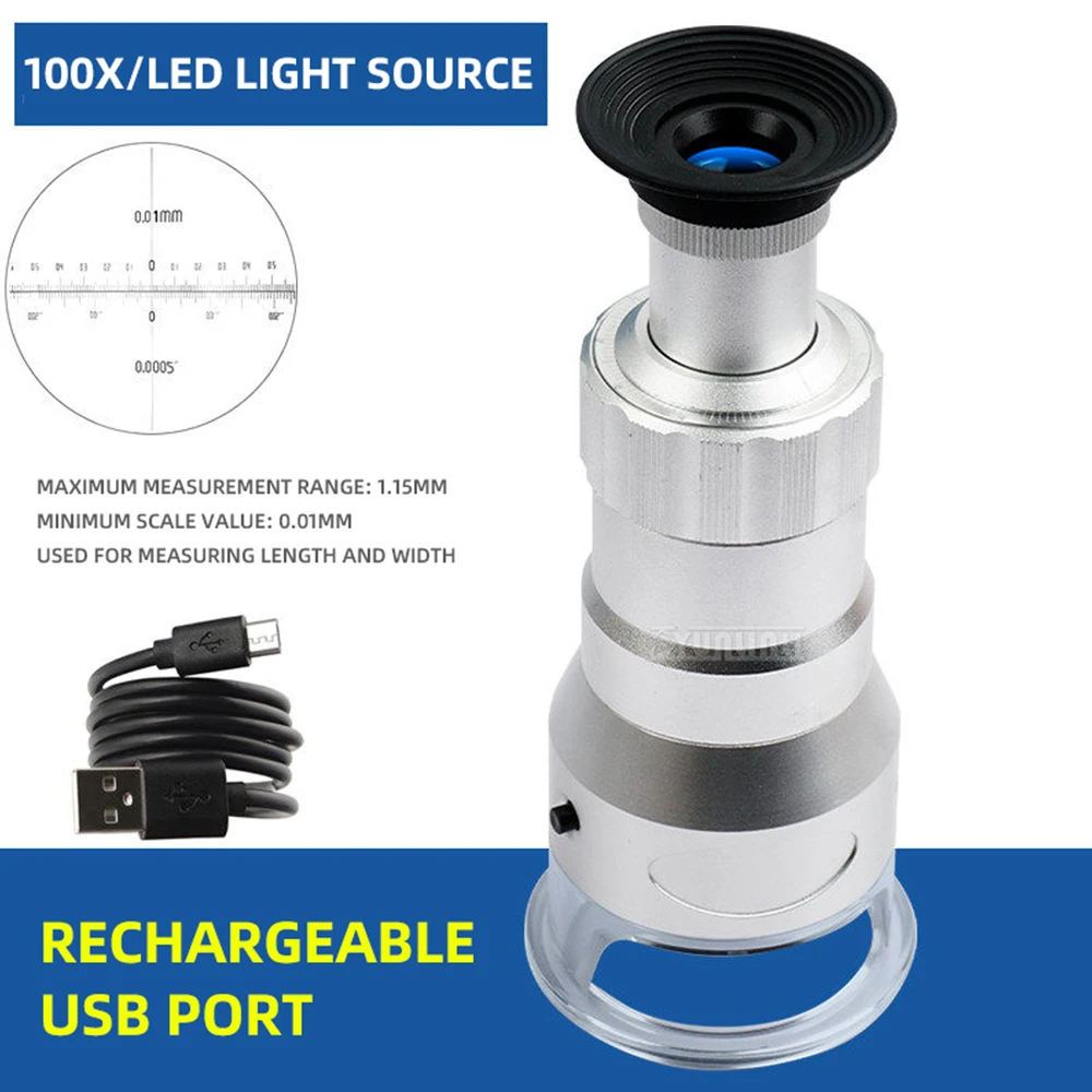 Rechargeable100X Microscope, Desktop Magnifier Industrial Inspection Eyepiece, HD 20x, with Scale,