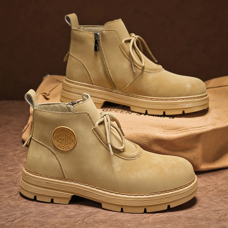 

Мужские высокие ботинки, четырехсезонная уличная рабочая обувь, противоскользящие и удобные желтые ботинки, модные повседневные кожаные ботинки в британском стиле