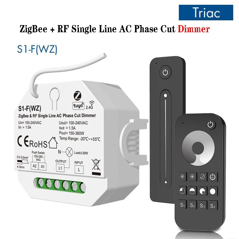 ZigBee + RF Single Line AC Phase Cut RF Dimmer and Switch Single Color Dimmable LED Lamps 100-240VAC S1-F(WZ)