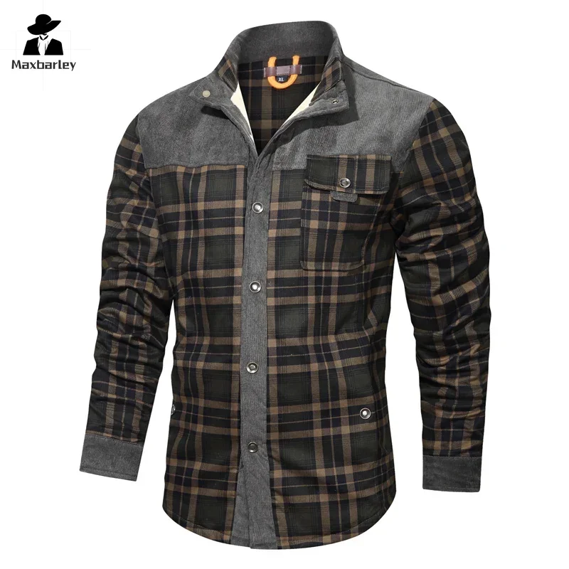 

Fleece Jacket Men's Street Vintage Thickened Corduroy Plaid Shirt 2024 Winter Work Flannel Warm Long Sleeve Top Men's Clothing