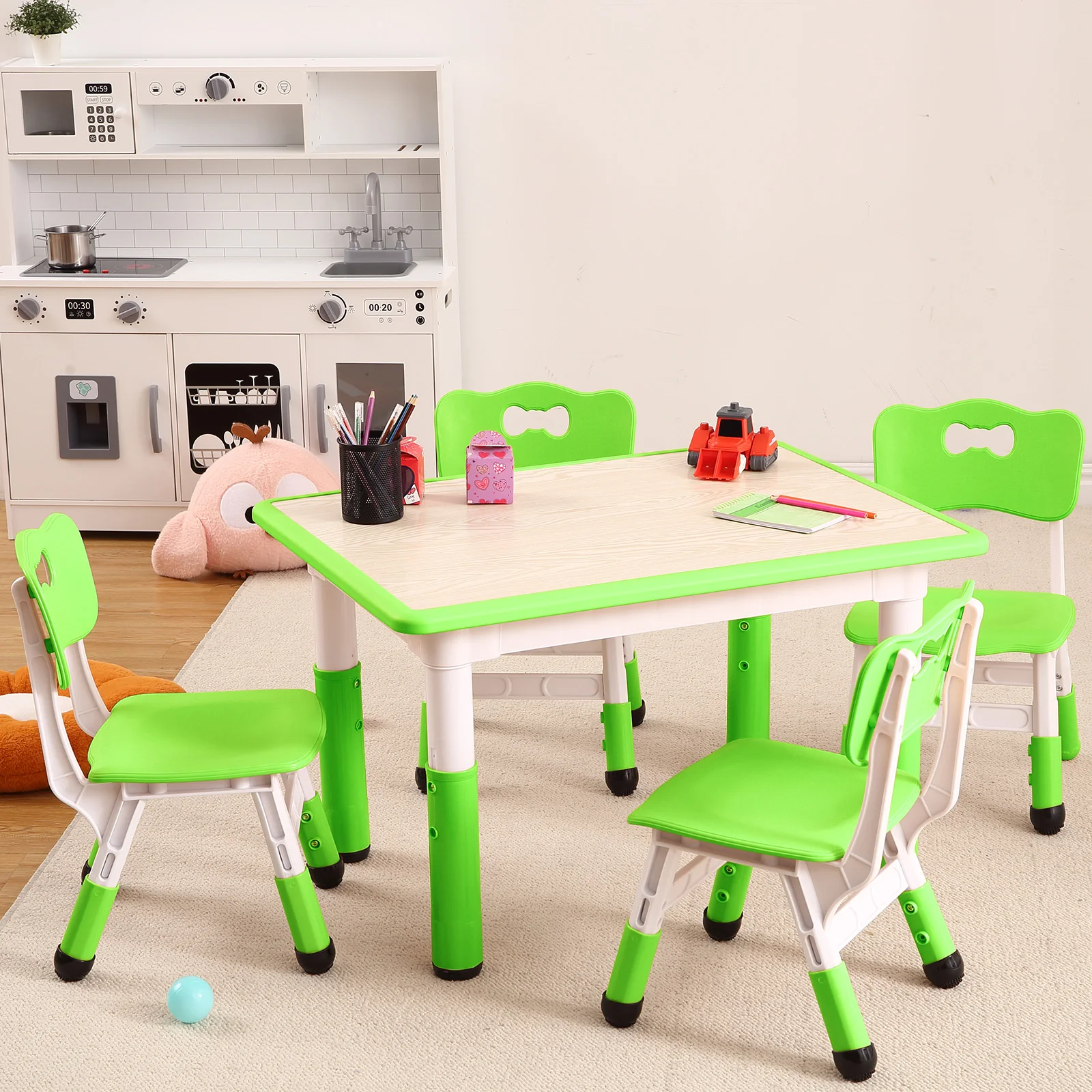 

Kids Table And Chairs Set, Height Adjustable Desk With 4 Seats For Ages 2-10,Arts & Crafts Table,Graffiti Desktop, Non-Slip Legs