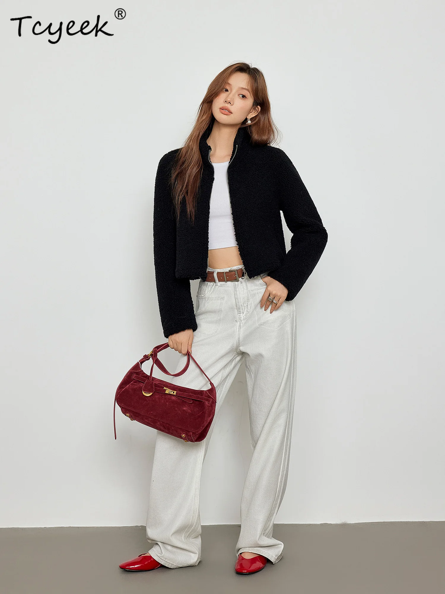 Tcyeek Genuine Wool Autumn Winter High End Fur Integrated Stand Up Collar Black Short Women's Wool Fur Coat Fourrures Femme