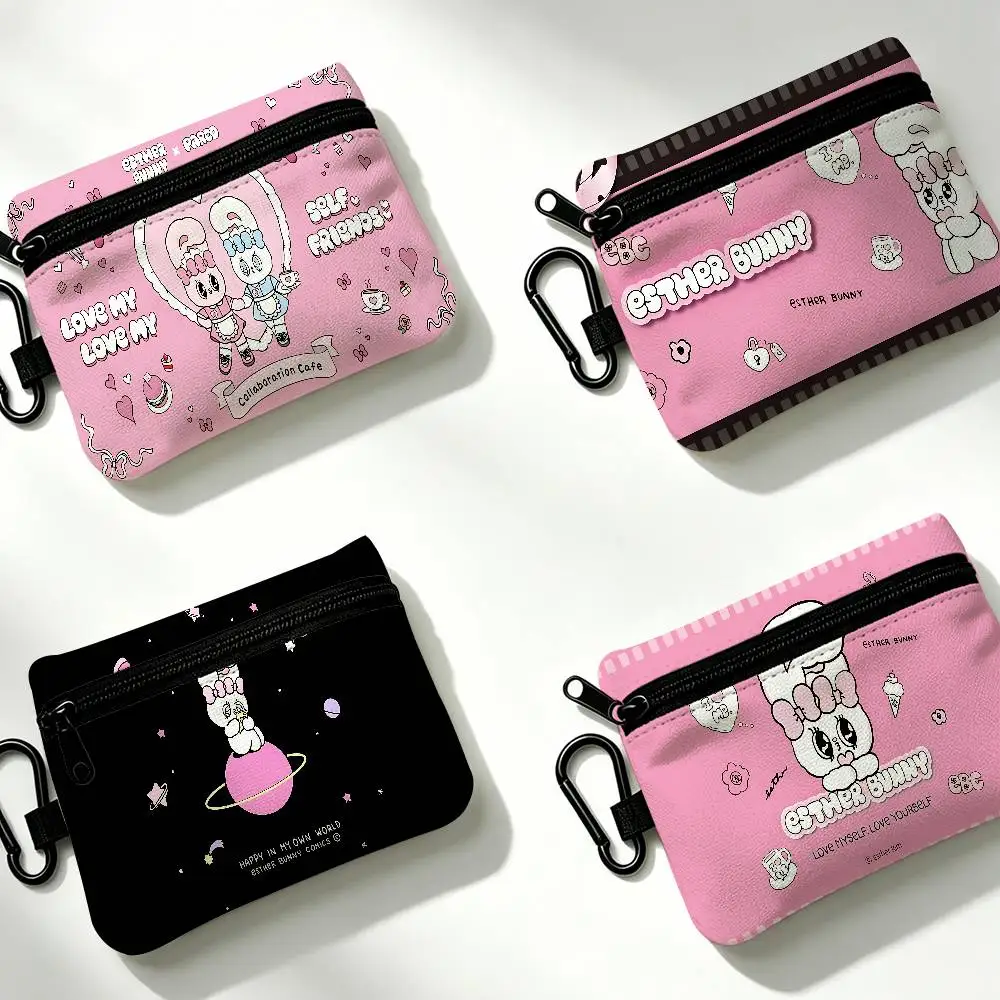 E-Esther Bunny Cartoon Compact Oxford Cloth Zipper Pouch Detachable Carabiner Mini Coin & Key Wallet