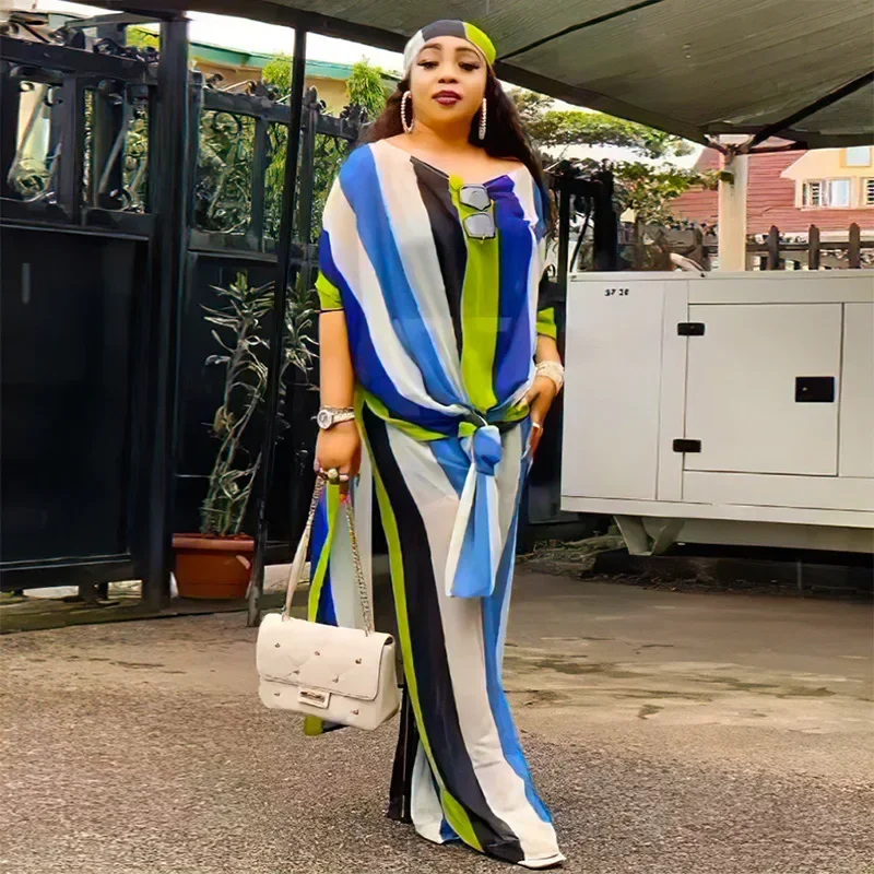 African Set Women Summer Fashion Style African Women Half Sleeve Two Pieces Sets Chiffon Top And Polyester Pant African Suit