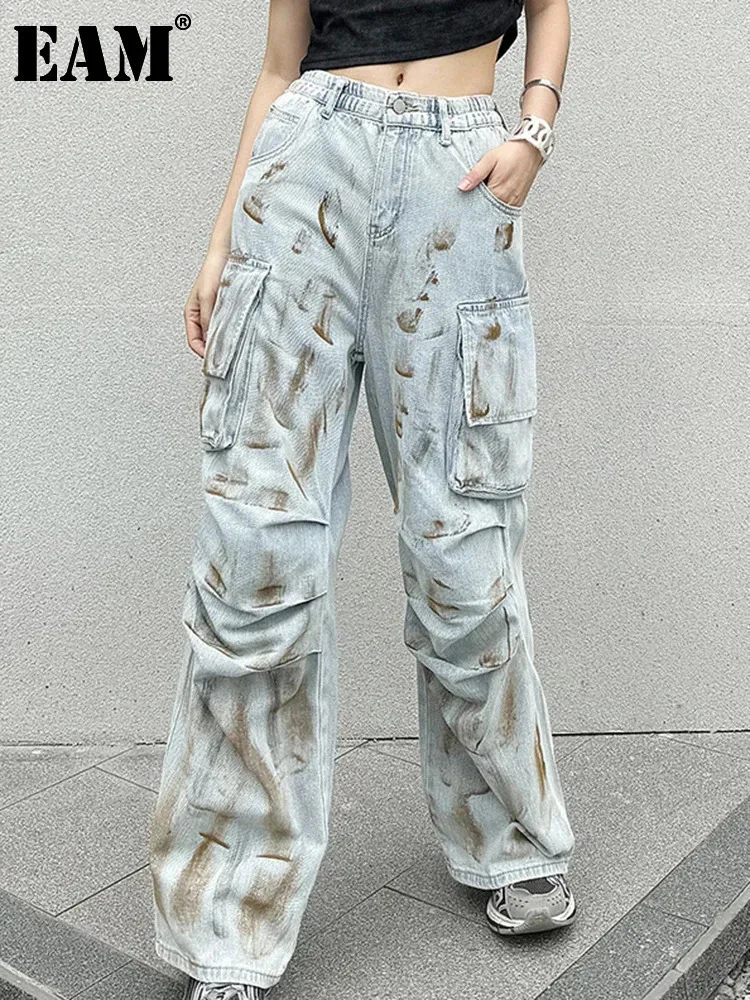 [EAM] High Waist Light Blue Tie Dye Vintage Denim Wide Leg Jeans New Women Trousers Fashion Tide Spring Autumn 2024 1DH5203