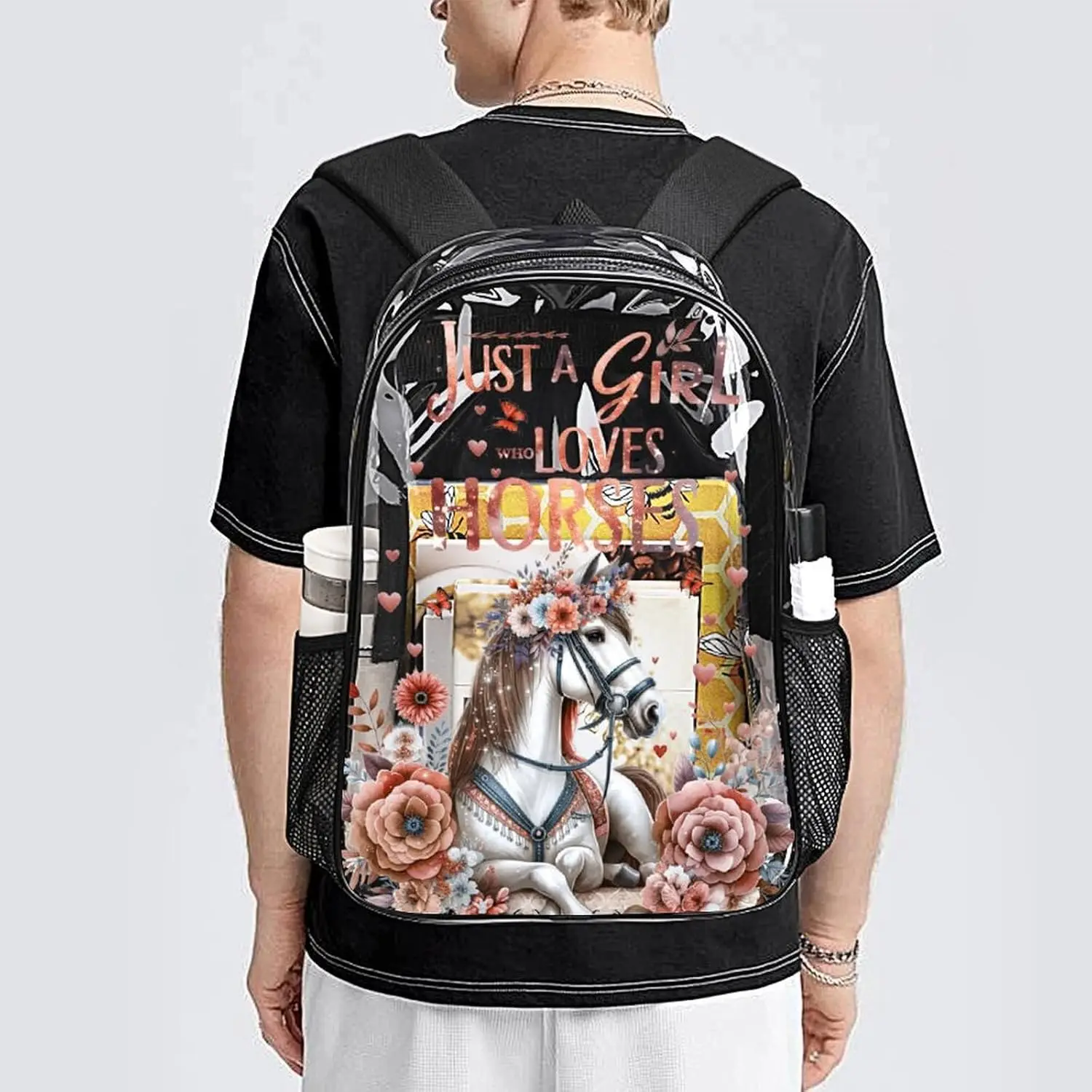 

Horse Clear Backpack Heavy Duty for Girls Kids Boys Women Men - Large Cute PVC Horses Theme Printing Transparent Backpacks