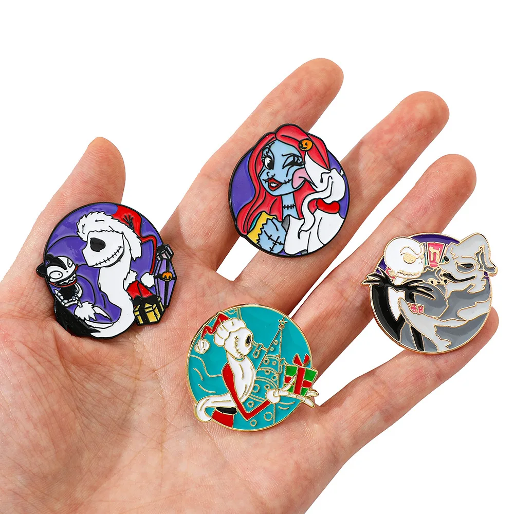 Disney Cartoon Creative Personality The Nightmare Before Christmas Metal Badge Skull Jack Sally Spirit Dog Alloy Drip Oil Brooch