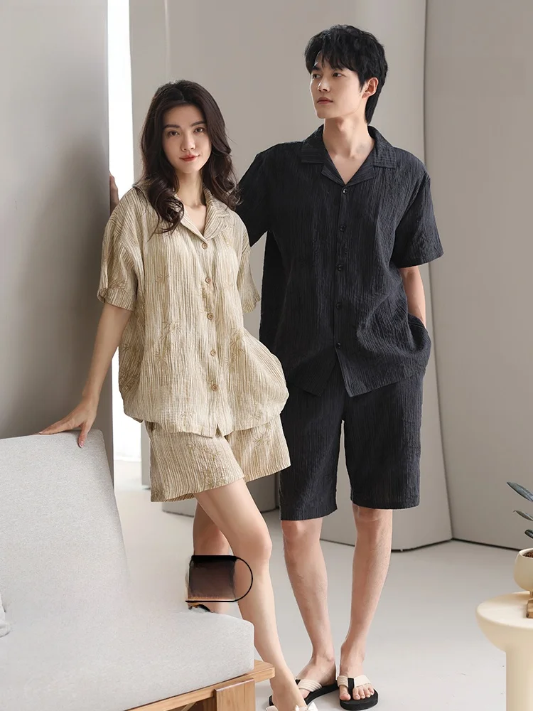 

Couples Summer Lightweight Cotton Pajamas ort Sve Women's Set with Chest Pad Men's Set Home Clothes Casual Stripe Pattern