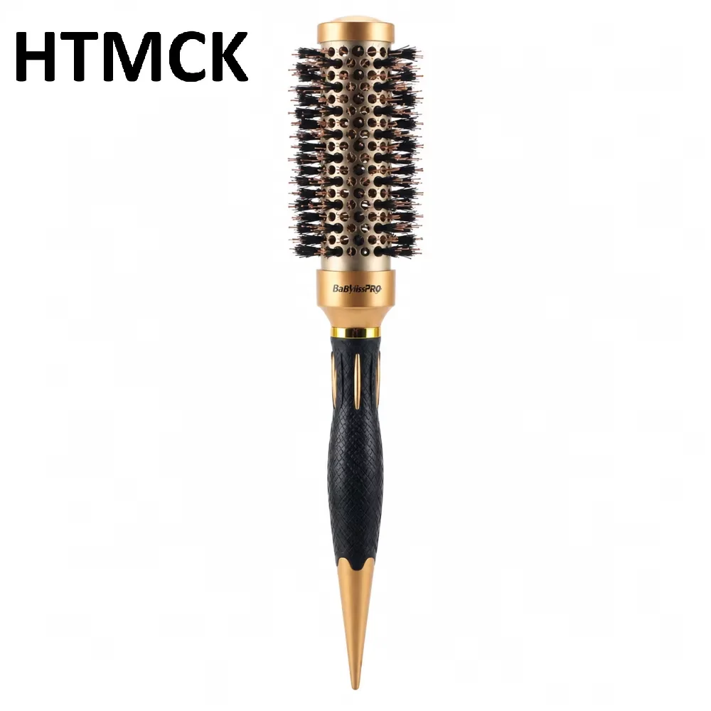 HTMCK Golden Aluminum Tube Curling Hair Brush, Thermal Conductive Round Hair Brush, Boar Bristle Hair Massager Comb