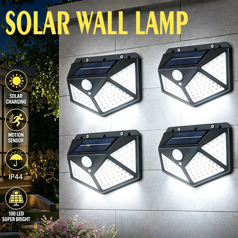 Lampe murale solaire à détecteur de mouvement, 100LED, 3 modes, lampe de sécurité extérieure, éclairage sur 4 côtés, pour porche, garage, jardin, usage commercial, 1 à 4 pièces
