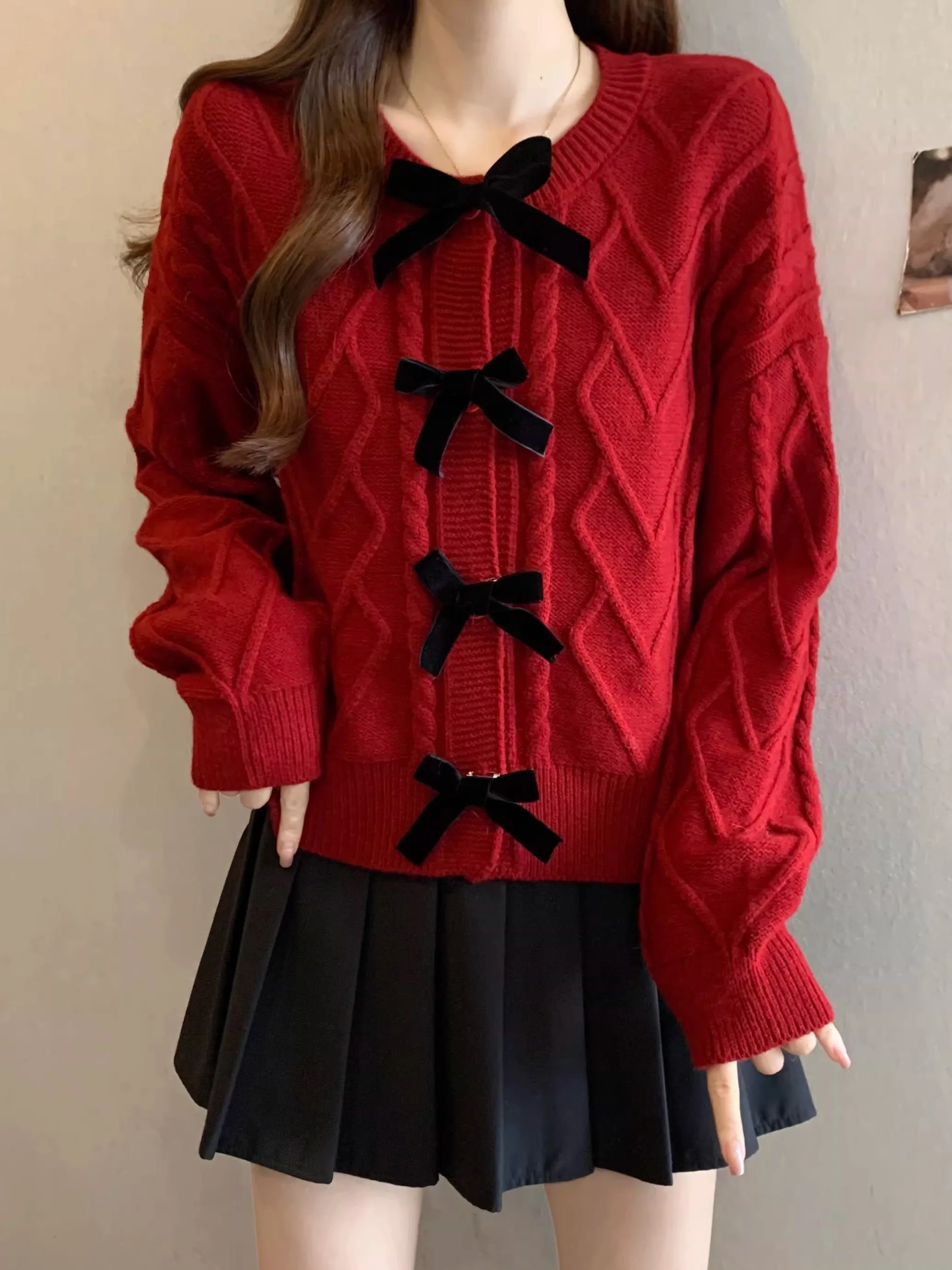 

Красный вязаный свитер с 3D узлом Long Sve, женское зимнее пальто больших размеров, модный молодежный открытый кардиган