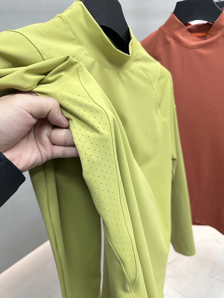 

Дышащая быстросохнущая эластичная футболка с длинным рукавом для активного отдыха, с лазерной перфорацией, светоотражающая, с высоким воротником, полноразмерная, приталенного кроя