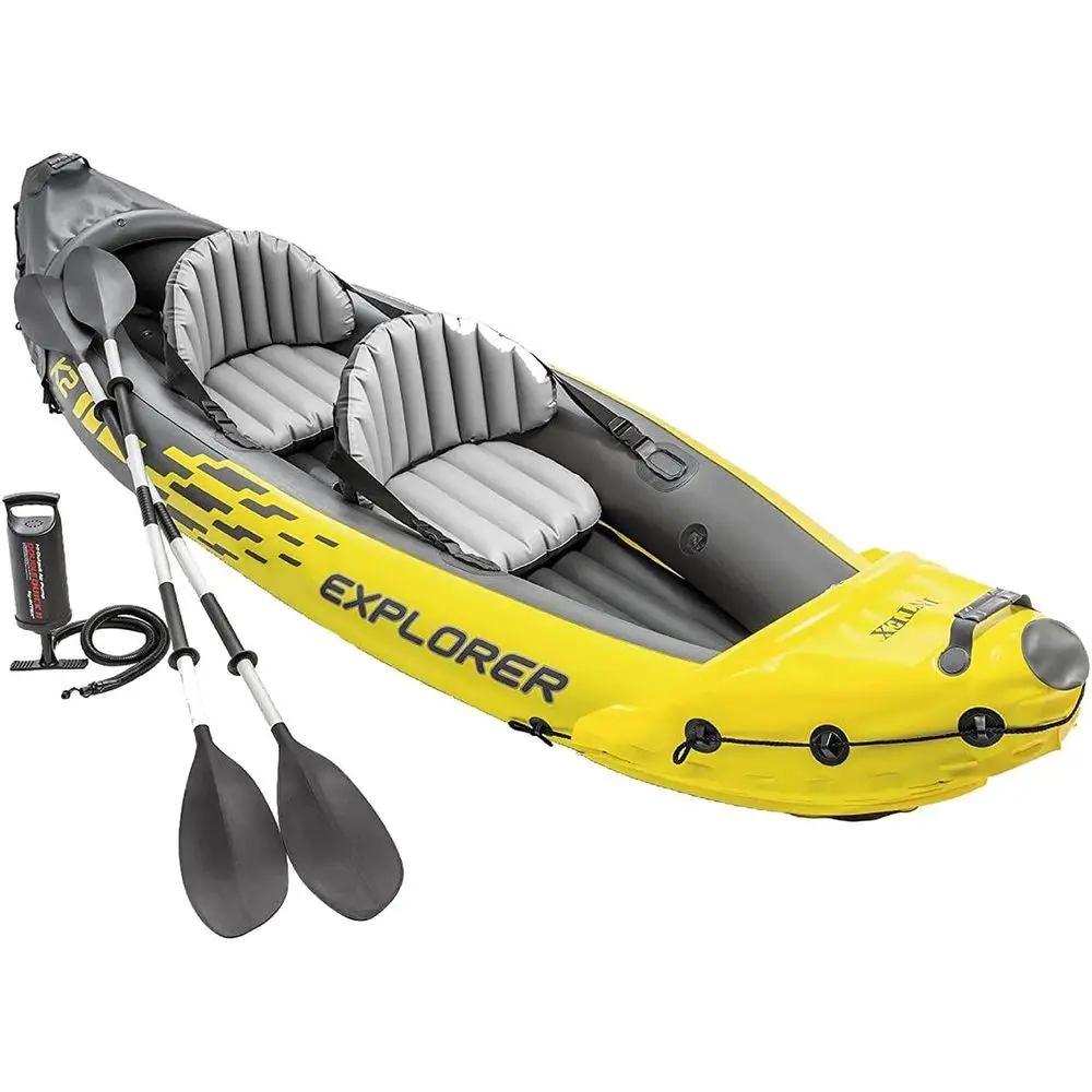 Set de Kayak Inflable Explorer K2: Incluye Remos de Aluminio de Lujo de 86 Pulgadas y Bomba de Alto Rendimiento – PVC Superresistente – Asientos Ajustables