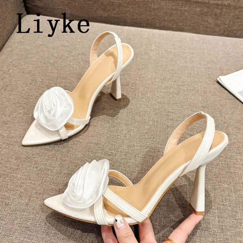 Liyke Sexy Slingback Sandals Women Summer Fashion Rose Flowers Pointed Open Toe Back Strap High Heels Party Dress Shoes Size 41