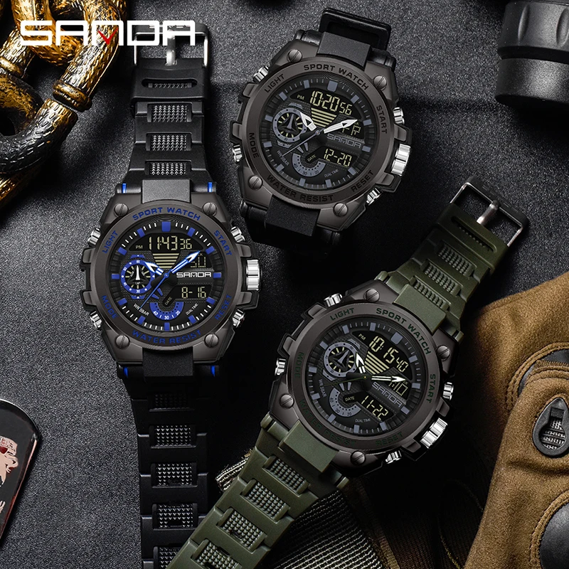 SNADA Fashion 3302 Men's Quartz Electronic Watch Dual Screen Sports Type Multi functional Waterproof LED Men's Electronic Watch