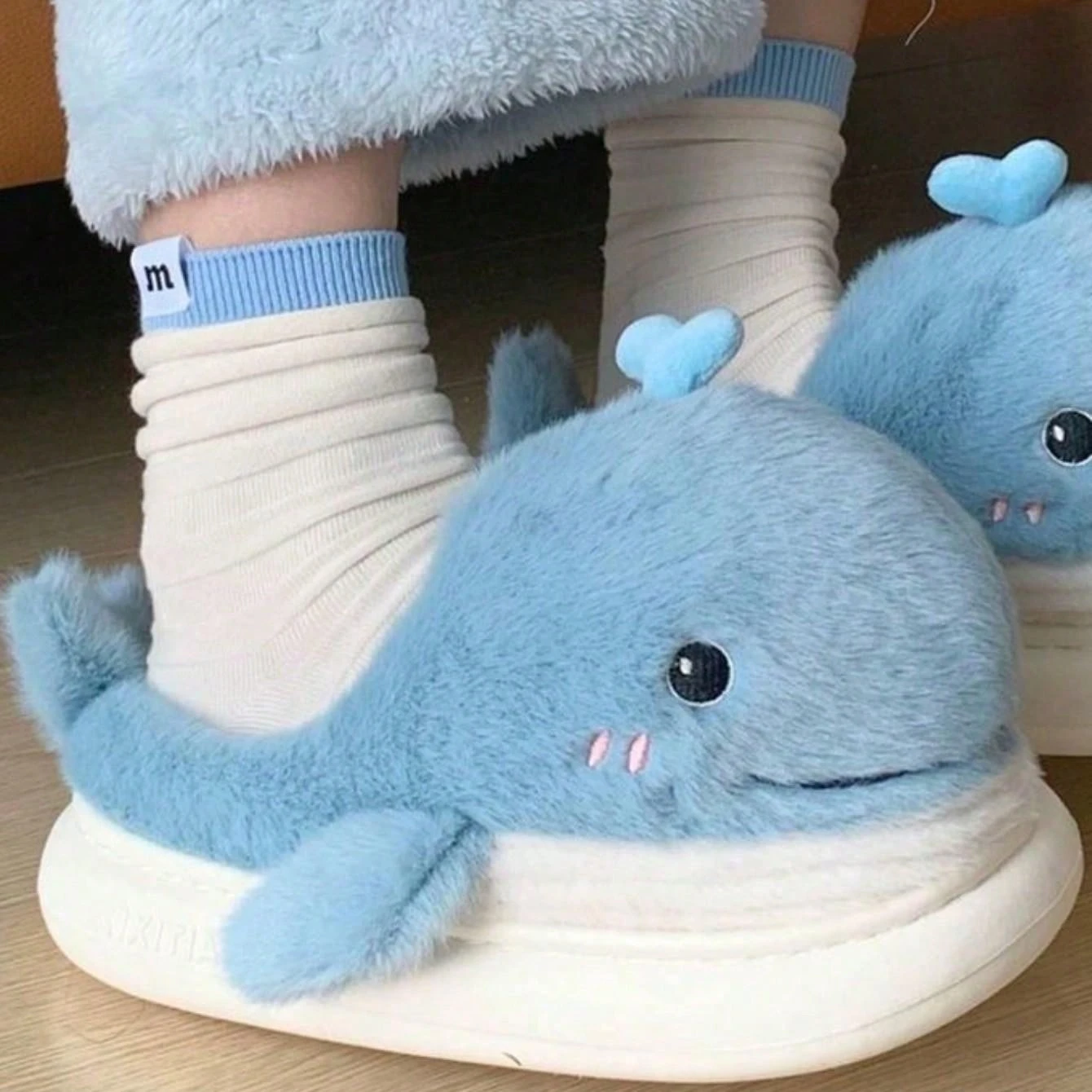 Cute Whales Winter New Women Slipper Soft Heel Platform Fur Warm Indoor Comfortable Home Fluffy Home Slippers