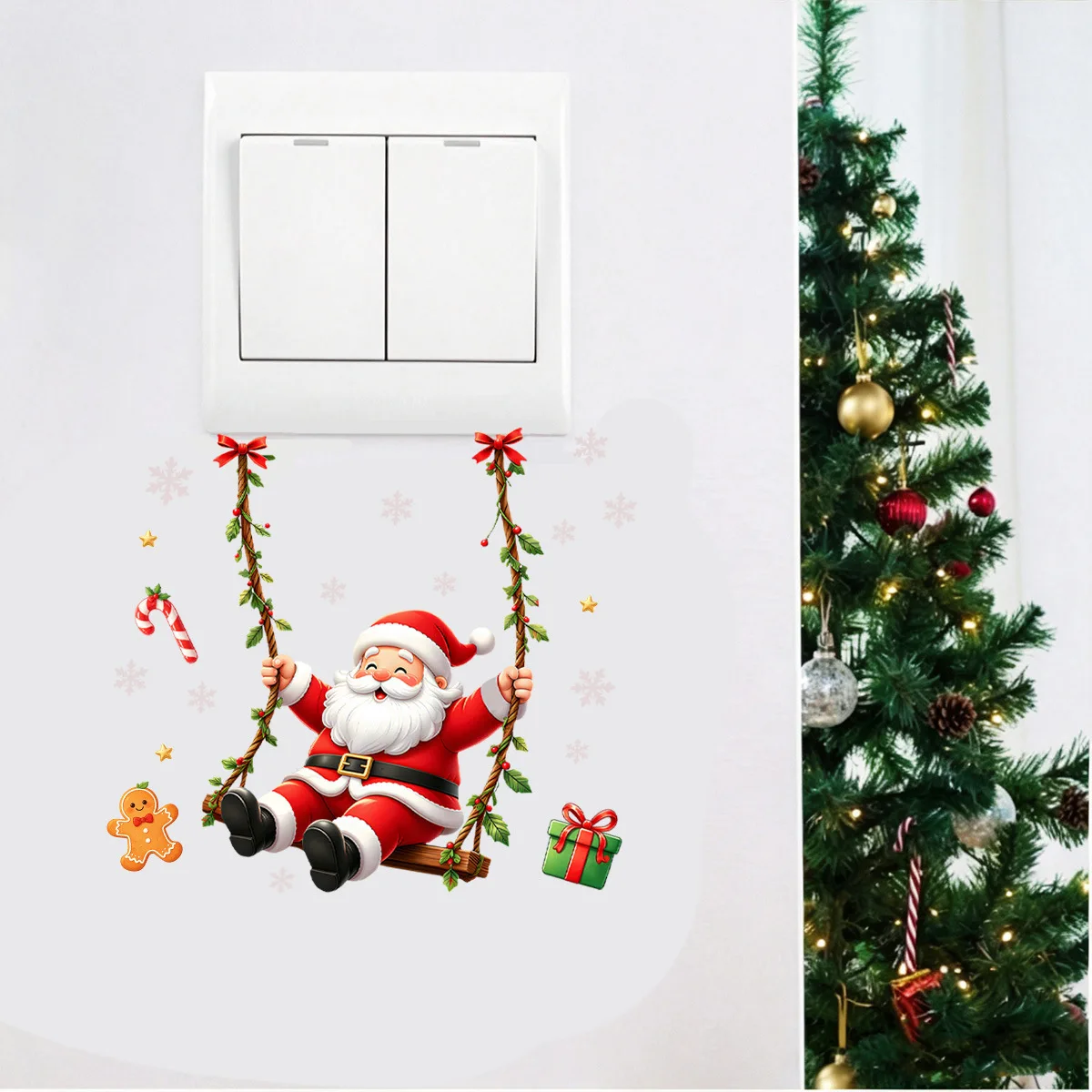 Cartoon Santa Swing Switch Wall Sticker Removable PVC Socket Decal Merry Christmas Home Bedroom Outlet Decor