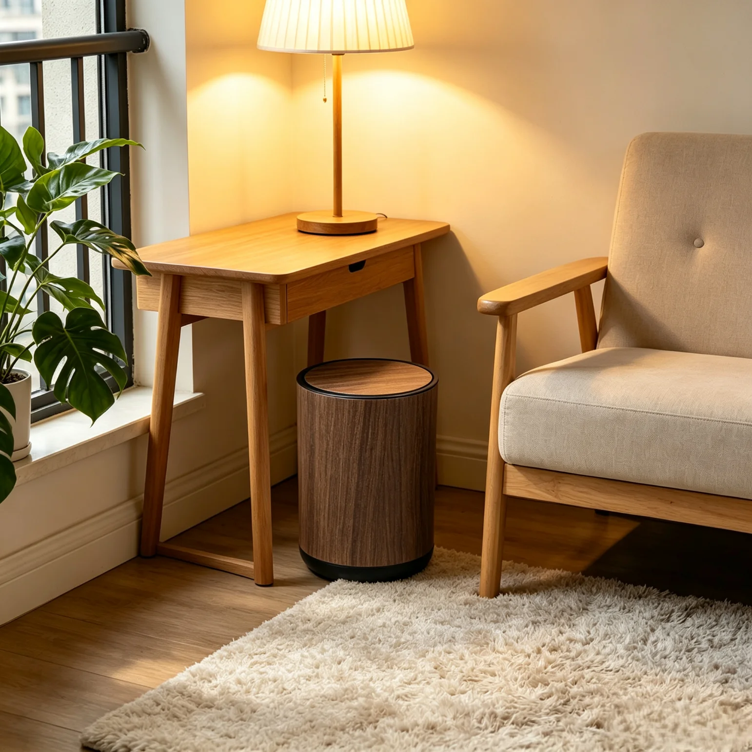 Mid‑Century Wood‑Grain Flip‑Lid Waste Receptacle, Decorative Cylindrical Trash Holder with Removable Inner Bucket for Living Room Home Office