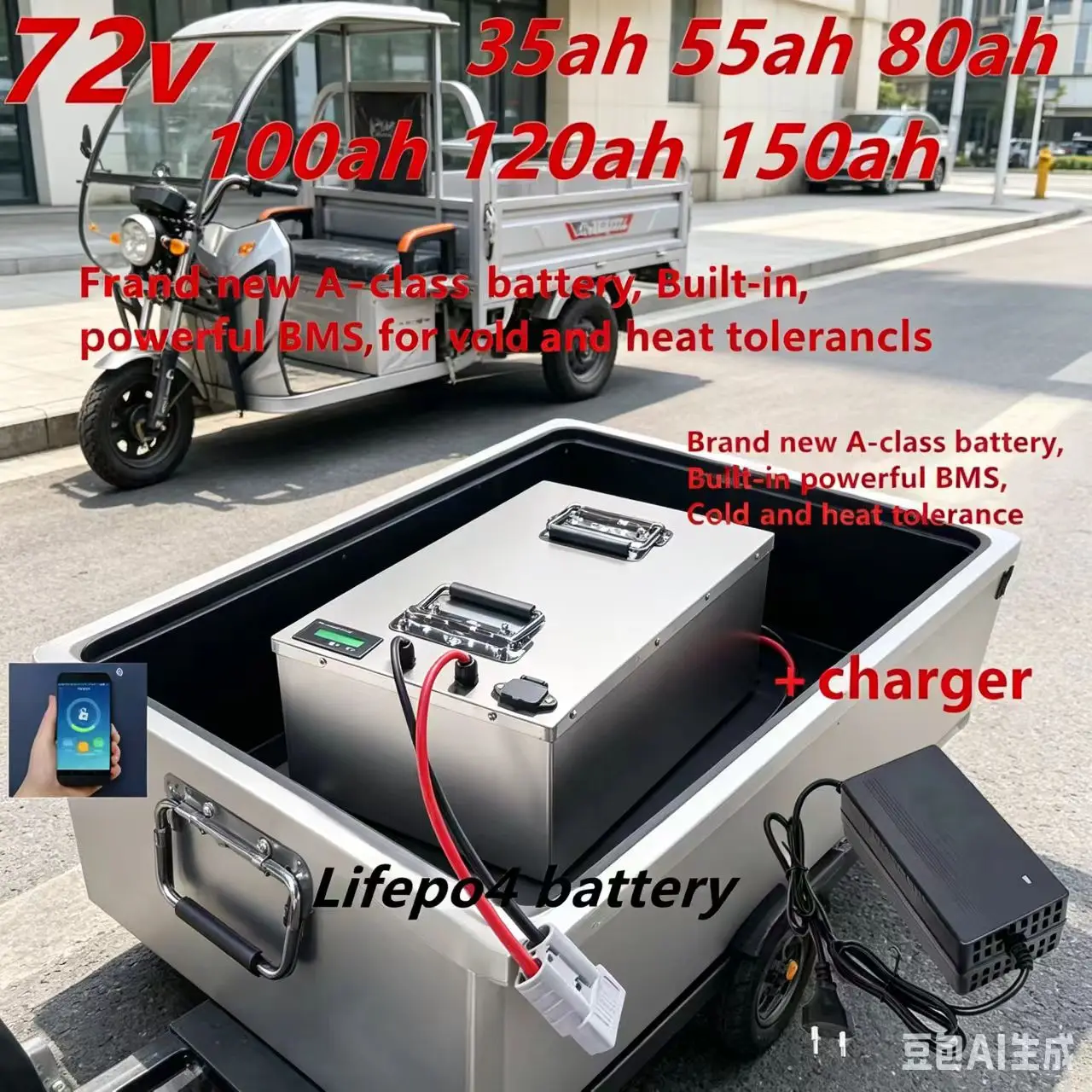 72V High Capacity Lithium Ion Battery 35AH-150AH with 100A BMS for 7000W-1000W Electric Vehicles - Bike Tricycle Forklift Motorc