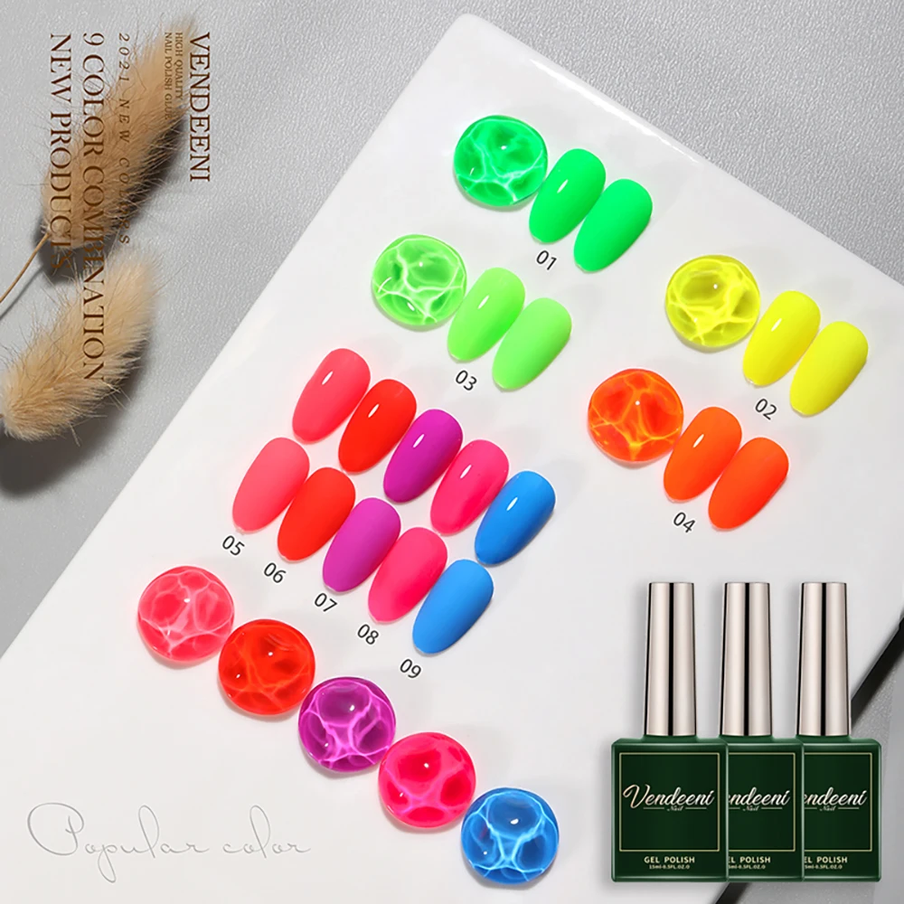 

Vendeeni 9 Colors Fluorescent Gel Nail Polish Semi Permanent UV LED Soak Off Gel Varnish DIY Manicure Nail Art Gel Lacquer 15ml