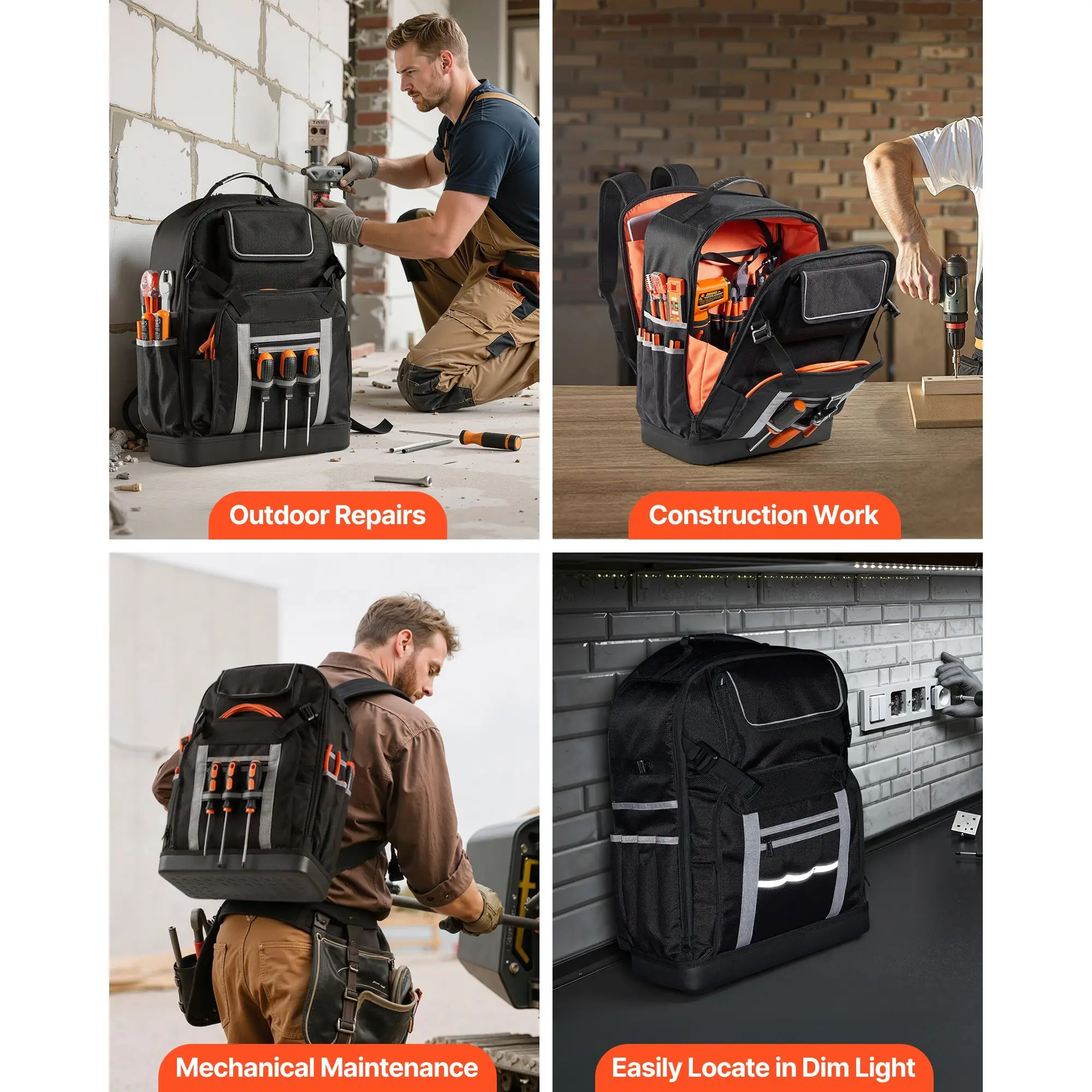 Tool Backpack, 56 Pockets, Heavy-duty Tools Storage Organizer Bags with Molded Base, Electrician Jobsite Backpack for Constructi