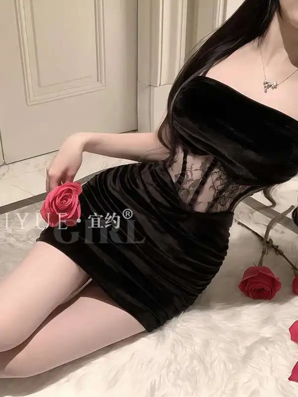 Sexy Hot Girl Nightclub Uniform Velvet Strap Bodycon Dress Elegant Women's Uniform Temptation Fashion Sweet Mini Dress MH99