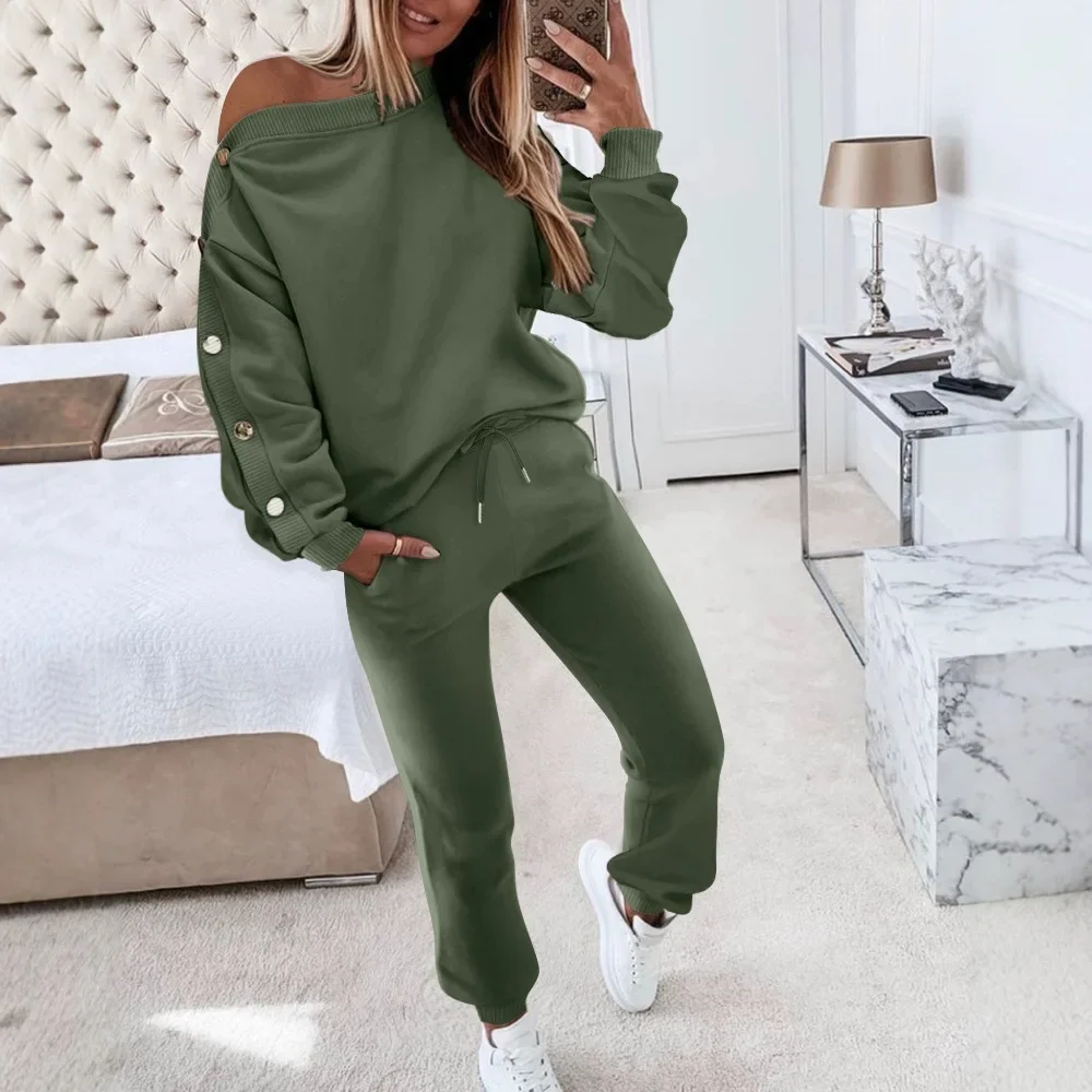 

Fashion 2 Piece Set Women Outfit Skew Neck Buttoned Long Sleeve Sweatshirt & High Waist Casual Cuffed Pants Suit 2024 Autumn New