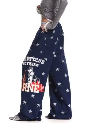 

Y2K American Retro Star Print Drawstring Wide Leg Casual Pants Unisex Loose Fit Street Dance Sports Long Trousers