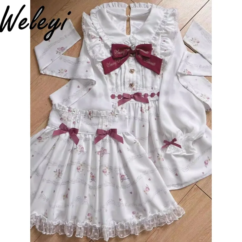 Japanese Sweet Bow Skirts Set 2024 Spring and Summer Super Cute Mine Series Mass Produced Lace Floral Long Sleeve Two Piece Suit