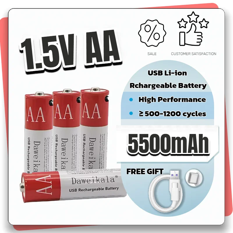 

High Capacity 5500mAh 1.5V AA Li-ion Battery USB Rechargeable, Constant Voltage for Toys MP3 Thermometer Keyboard Remote Control