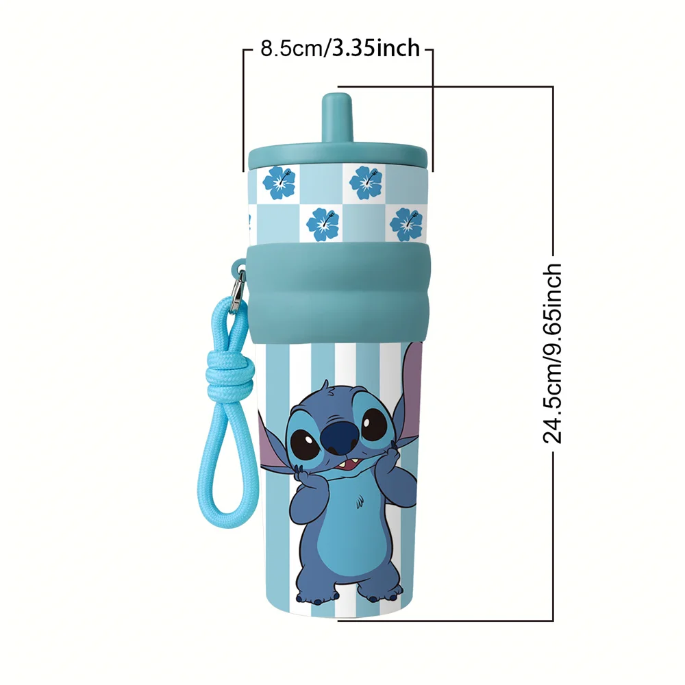 1pc 25oz Disney Cute Stitch Stainless Steel Tumbler Insulated Travel Mug with Straw Hanging Rope Portable Cup for Hiking‌ Skiing