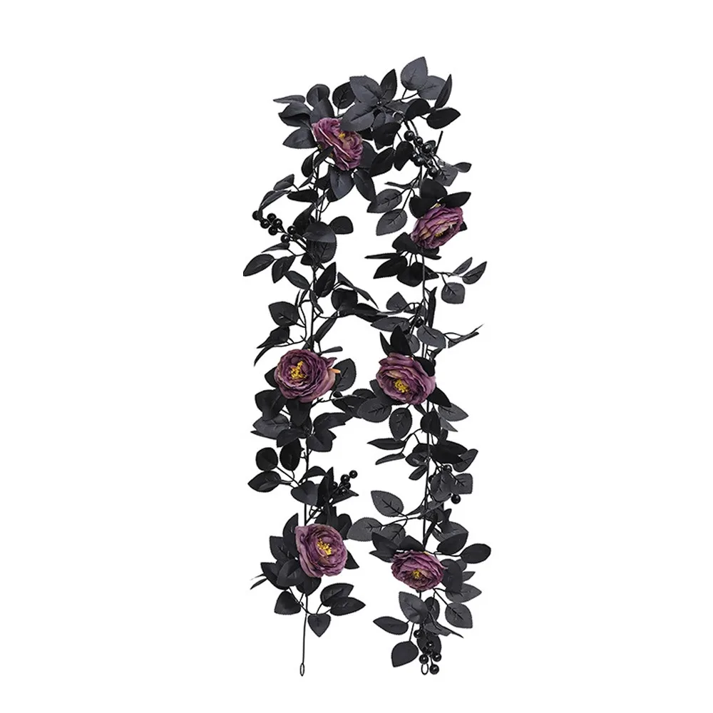 

Black Halloween Rose Leaf Vines 175cm Realistic Artificial Rose Vines Simulated Flowers Handmade Halloween Garland