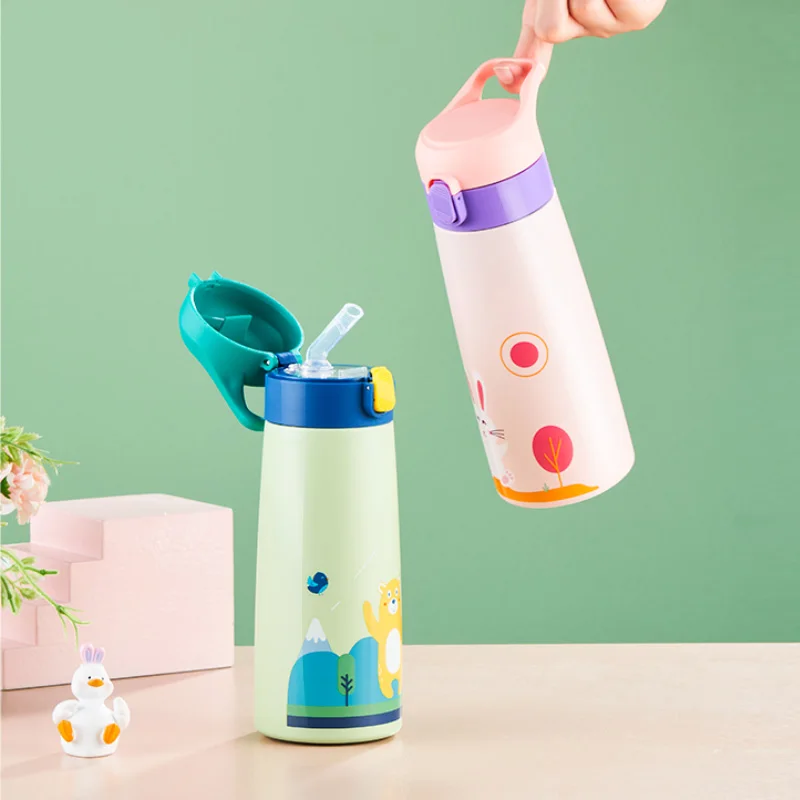 GIANXI Stainless Steel Thermos Cup For Children's Cartoon Food Grade One Key Open Cover Drinkware Outdoor Portable Straw Cup