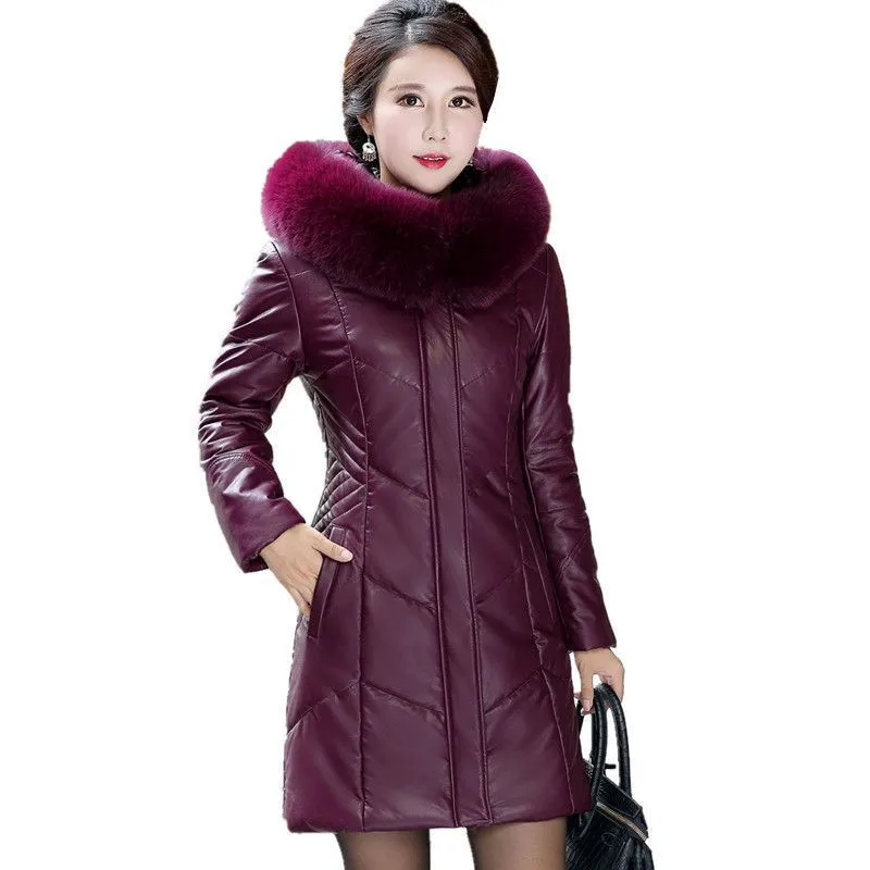 L-8XL Luxe Fourrure De Renard À Capuche Veste En Cuir D'hiver Femmes group Duvet De Canard En Cuir Doudoune Manteau Femme Orteil Pardessus 534