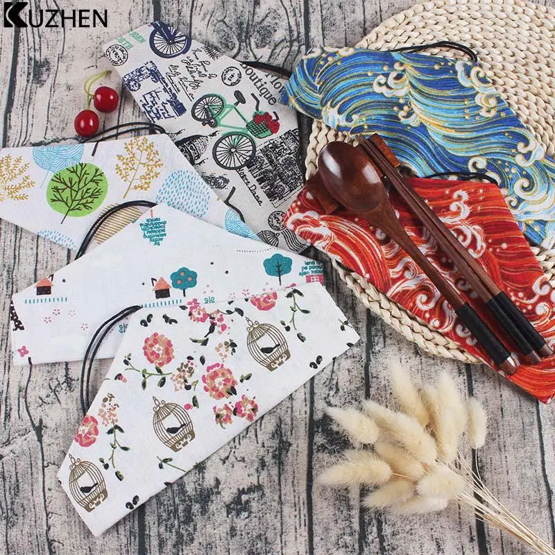 Portable Cutlery Bag Print Reusable Drink Straws Chopsticks Cutlery Bag Drawstring Bag Spoon Fork Cutlery Bag