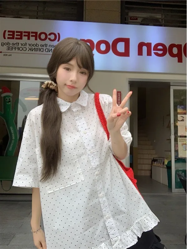 

Женская рубашка в японском стиле с коротким рукавом в горошек, свободного кроя, универсальная, весна 2026, новая коллекция, омолаживающая, стройнящая, с текстурой под дерево