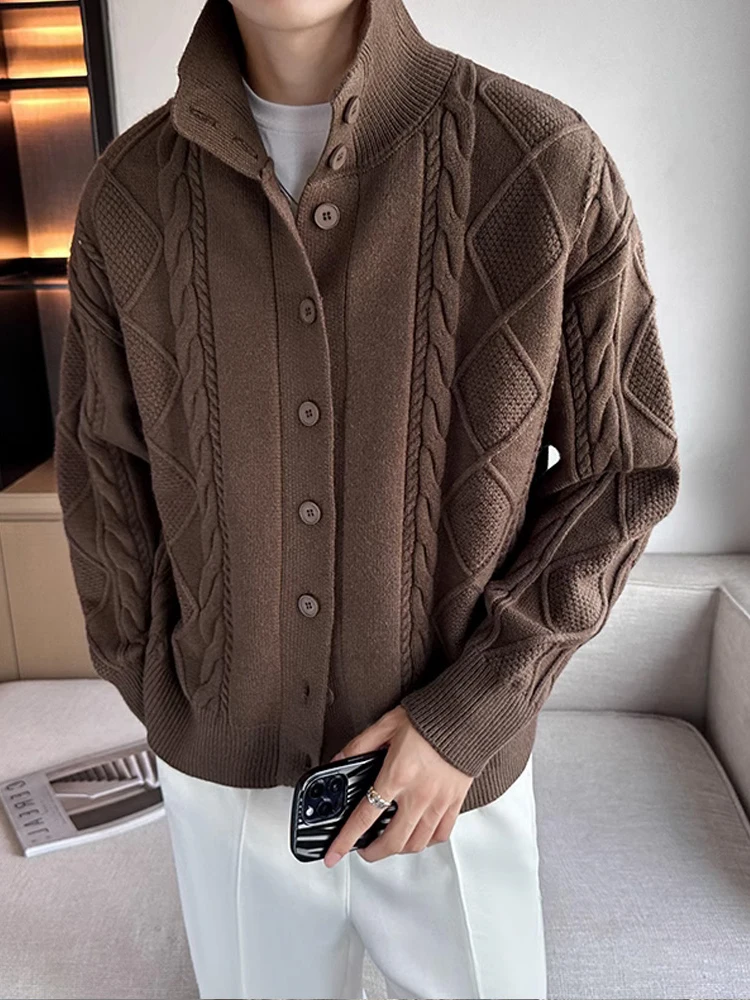 

Trendy Knitted Outerwear Men's Spring Autumn High Collar Open Cardigan Lazy Style Flower Patterned Long Sleeve Sweater